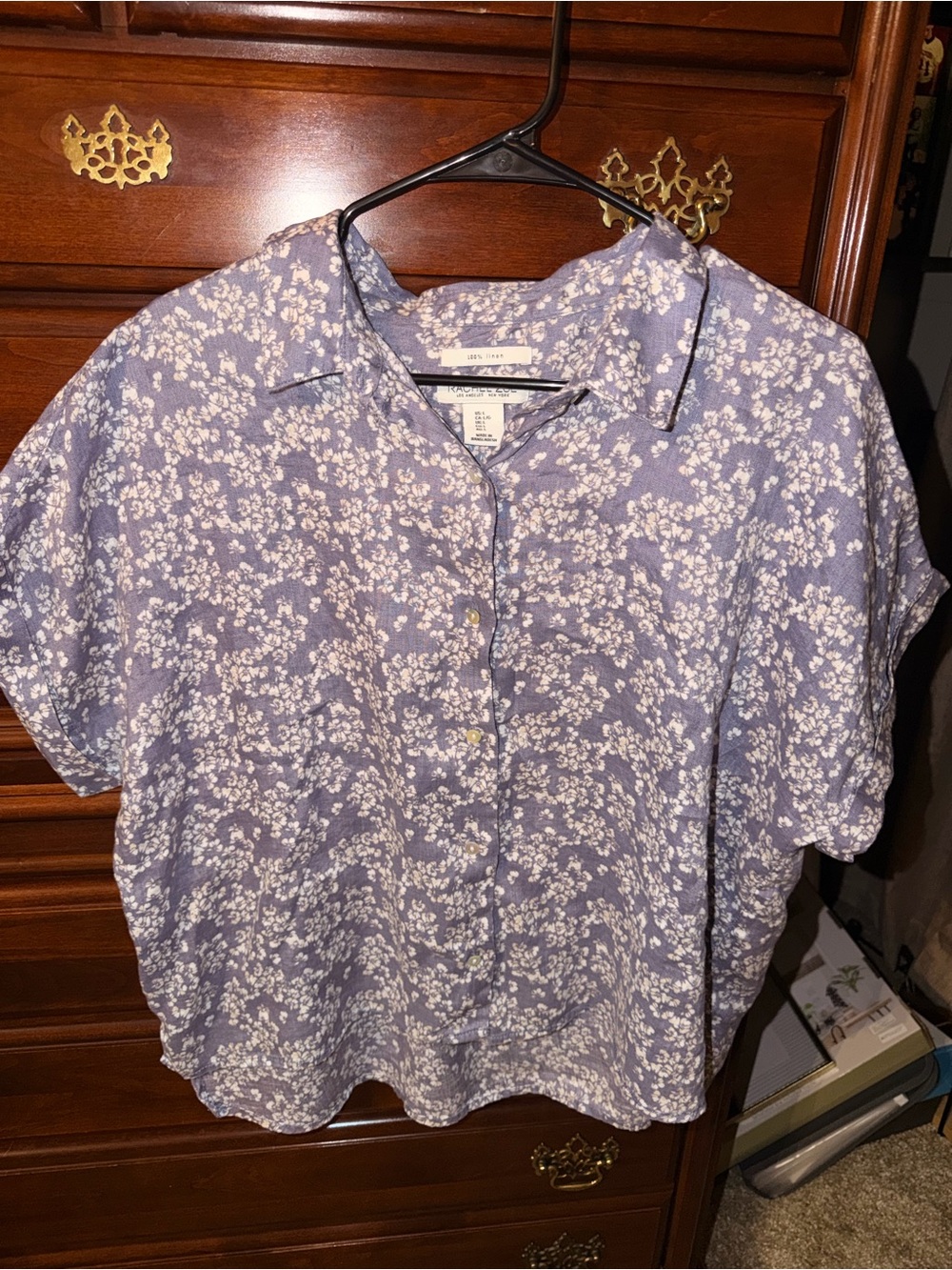 Rachel Zoe Lavender Floral Button-Front Short Sleeve Shirt 100% Linen
